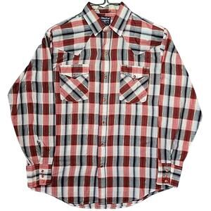 Vtg Western Pearl Snap DeeCee Rangers Shirt Men’s L 16 Red/Black Plaid
